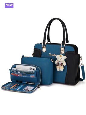3pc Synthetic Leather Satchel Tote Crossbody Bag Wallet Set Purse